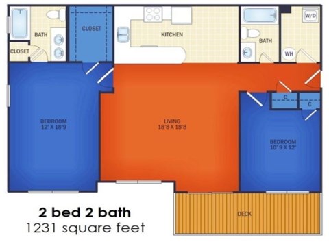 Floor plan for 2 beds, 2 baths, 1231 sqft